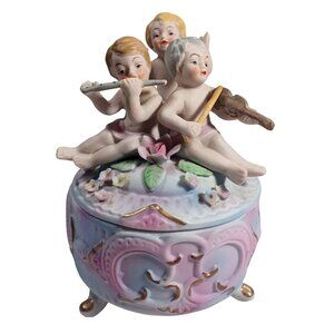 Vintage Norleans Footed Cherub Musi Porcelain Bisque Jewelry Trinket Dresser Box